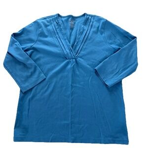 LL Bean Women's Blue Supima Cotton V-Neck Top Medium M-Reg 3/4 Sleeve Pullover